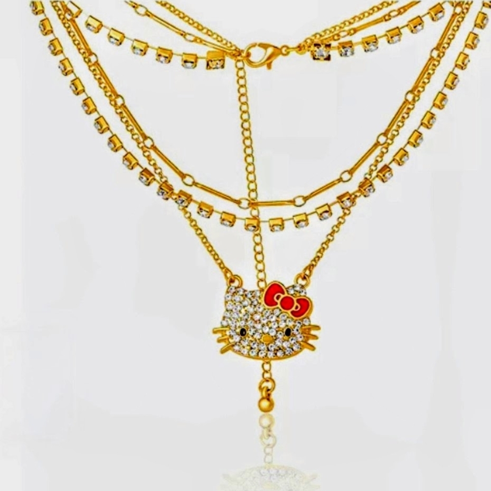 Hello Kitty Gold Necklace with Red Bow and Crystal Pendant